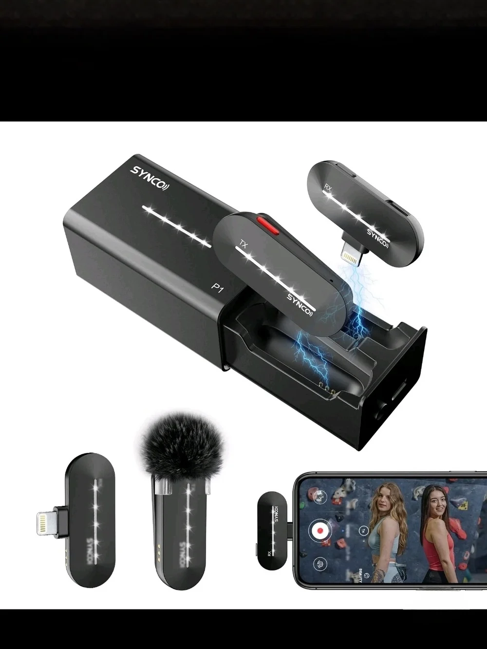 Black Wireless Lavalier Microphone System for Smartphones